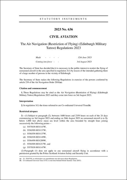 The Air Navigation (Restriction of Flying) (Edinburgh Military Tattoo) Regulations 2023