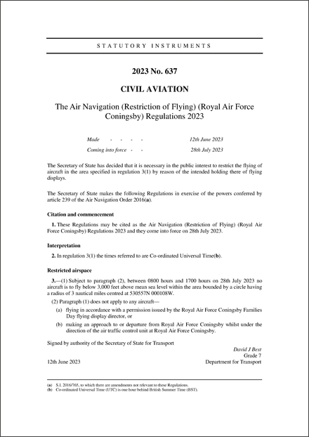 The Air Navigation (Restriction of Flying) (Royal Air Force Coningsby) Regulations 2023