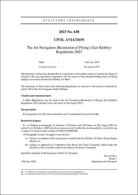 The Air Navigation (Restriction of Flying) (East Kirkby) Regulations 2023