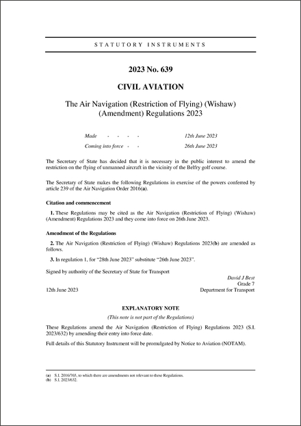 The Air Navigation (Restriction of Flying) (Wishaw) (Amendment) Regulations 2023