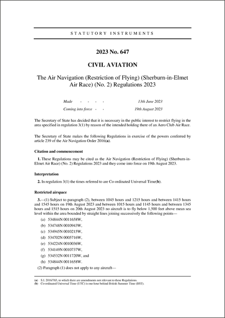 The Air Navigation (Restriction of Flying) (Sherburn-in-Elmet Air Race) (No. 2) Regulations 2023