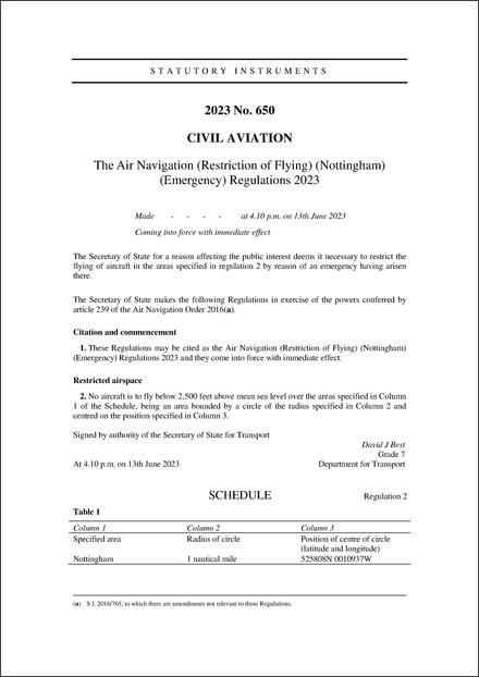 The Air Navigation (Restriction of Flying) (Nottingham) (Emergency) Regulations 2023