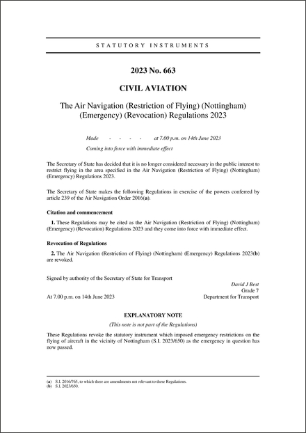 The Air Navigation (Restriction of Flying) (Nottingham) (Emergency) (Revocation) Regulations 2023