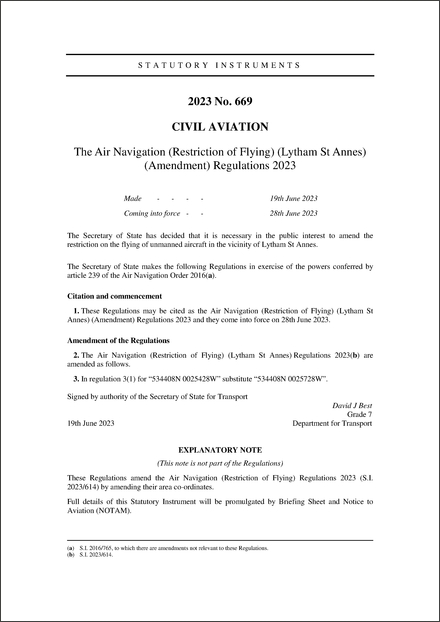 The Air Navigation (Restriction of Flying) (Lytham St Annes) (Amendment) Regulations 2023