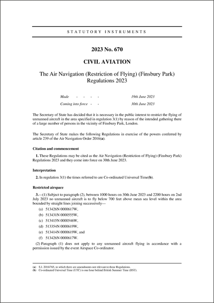The Air Navigation (Restriction of Flying) (Finsbury Park) Regulations 2023