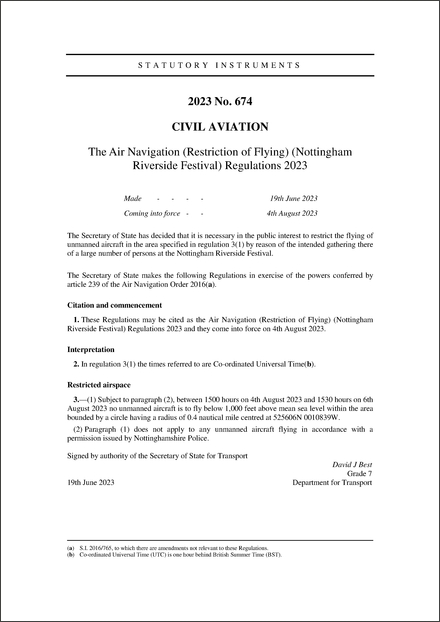 The Air Navigation (Restriction of Flying) (Nottingham Riverside Festival) Regulations 2023