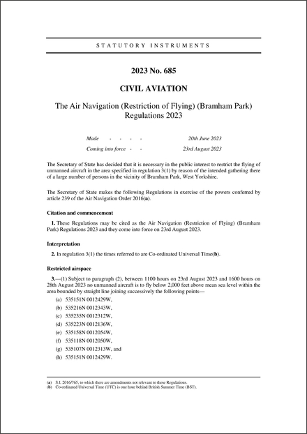 The Air Navigation (Restriction of Flying) (Bramham Park) Regulations 2023
