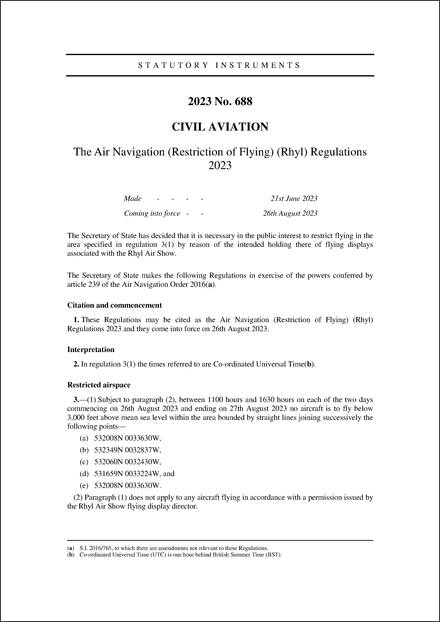 The Air Navigation (Restriction of Flying) (Rhyl) Regulations 2023