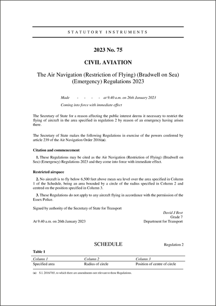 The Air Navigation (Restriction of Flying) (Bradwell on Sea) (Emergency) Regulations 2023