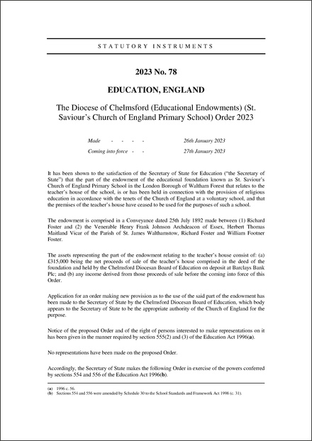 The Diocese of Chelmsford (Educational Endowments) (St. Saviour’s Church of England Primary School) Order 2023