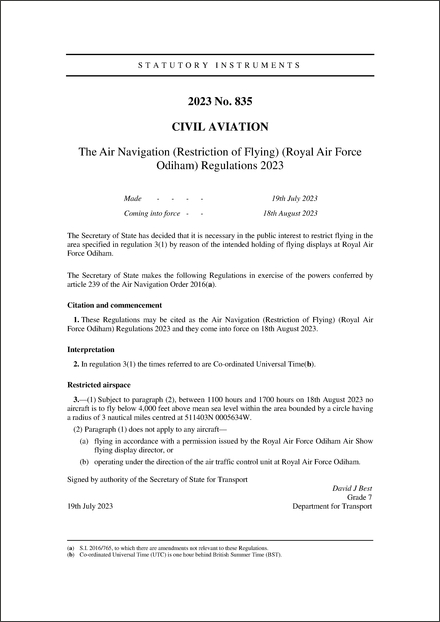 The Air Navigation (Restriction of Flying) (Royal Air Force Odiham) Regulations 2023