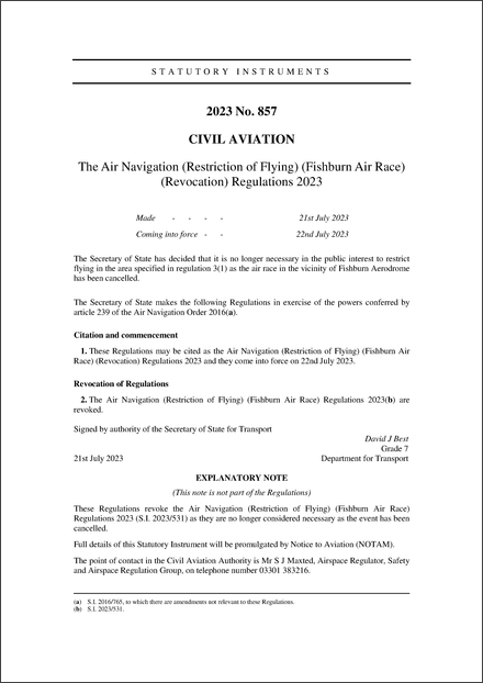 The Air Navigation (Restriction of Flying) (Fishburn Air Race) (Revocation) Regulations 2023