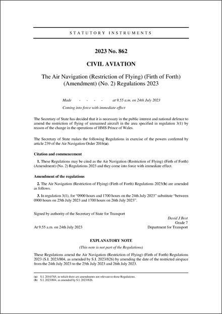 The Air Navigation (Restriction of Flying) (Firth of Forth) (Amendment) (No. 2) Regulations 2023