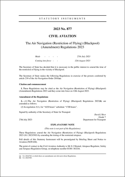 The Air Navigation (Restriction of Flying) (Blackpool) (Amendment) Regulations 2023