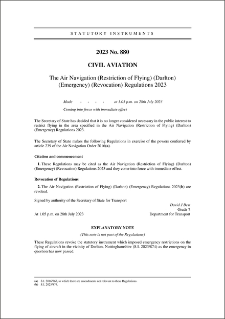 The Air Navigation (Restriction of Flying) (Darlton) (Emergency) (Revocation) Regulations 2023