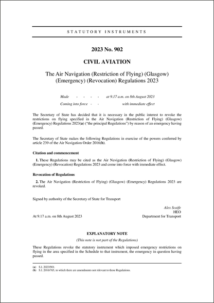 The Air Navigation (Restriction of Flying) (Glasgow) (Emergency) (Revocation) Regulations 2023