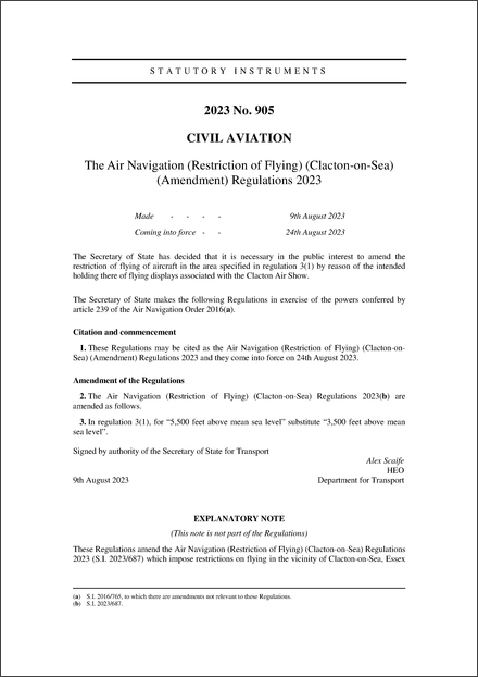 The Air Navigation (Restriction of Flying) (Clacton-on-Sea) (Amendment) Regulations 2023