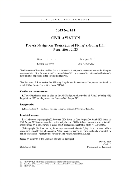 The Air Navigation (Restriction of Flying) (Notting Hill) Regulations 2023
