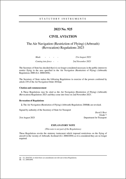 The Air Navigation (Restriction of Flying) (Arbroath) (Revocation) Regulations 2023