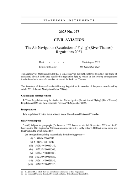 The Air Navigation (Restriction of Flying) (River Thames) Regulations 2023