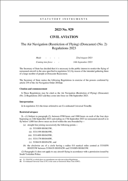 The Air Navigation (Restriction of Flying) (Doncaster) (No. 2) Regulations 2023