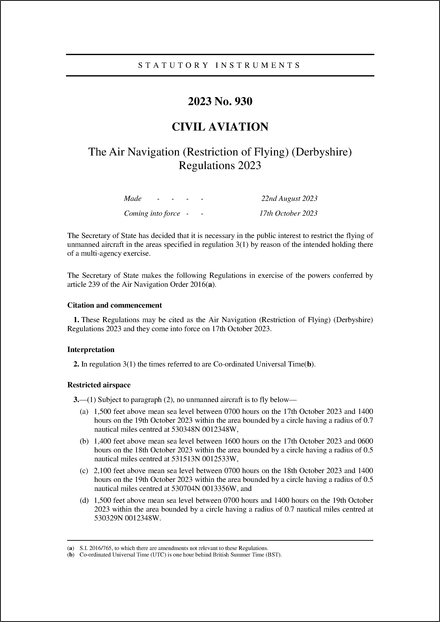 The Air Navigation (Restriction of Flying) (Derbyshire) Regulations 2023