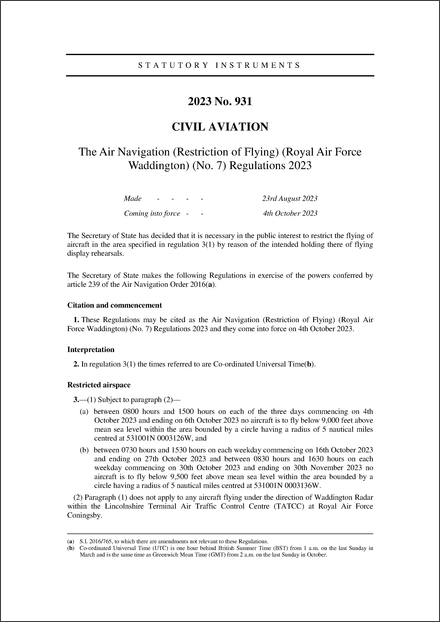 The Air Navigation (Restriction of Flying) (Royal Air Force Waddington) (No. 7) Regulations 2023