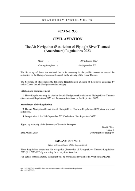 The Air Navigation (Restriction of Flying) (River Thames) (Amendment) Regulations 2023