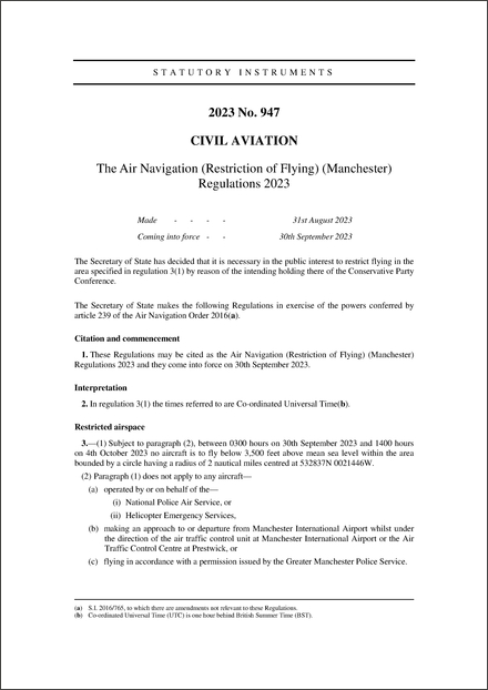 The Air Navigation (Restriction of Flying) (Manchester) Regulations 2023