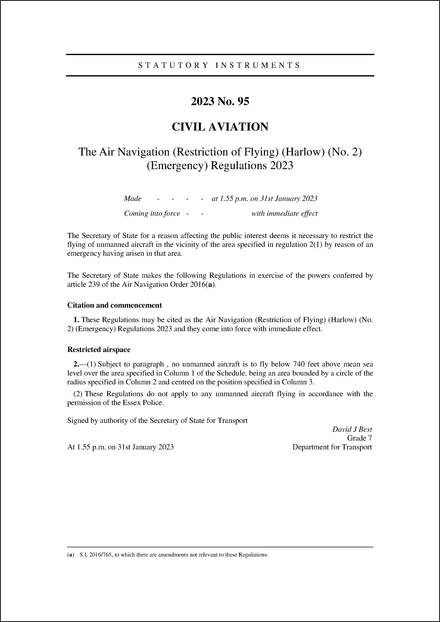 The Air Navigation (Restriction of Flying) (Harlow) (No. 2) (Emergency) Regulations 2023