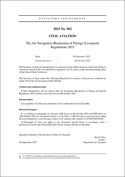 The Air Navigation (Restriction of Flying) (Liverpool) Regulations 2023