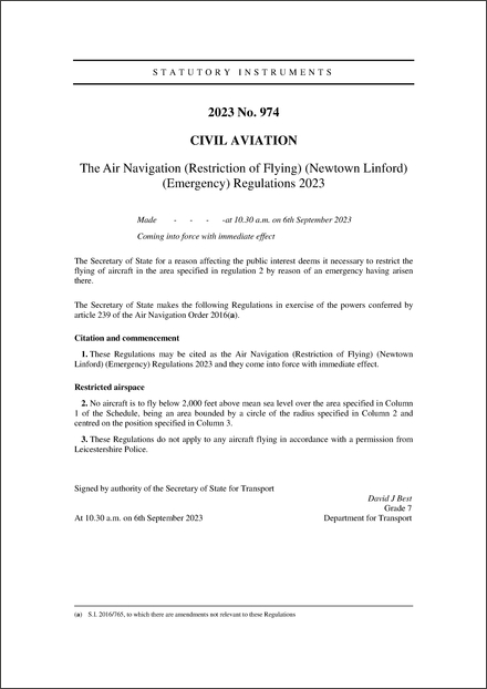 The Air Navigation (Restriction of Flying) (Newtown Linford) (Emergency) Regulations 2023