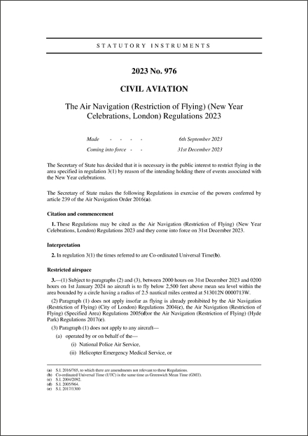 The Air Navigation (Restriction of Flying) (New Year Celebrations, London) Regulations 2023