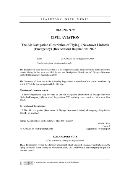 The Air Navigation (Restriction of Flying) (Newtown Linford) (Emergency) (Revocation) Regulations 2023