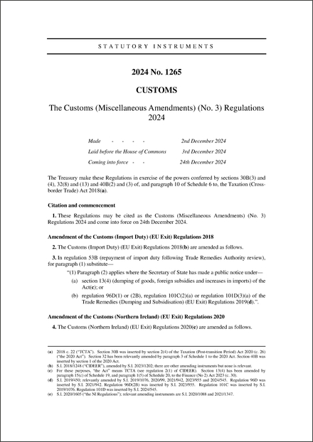 The Customs (Miscellaneous Amendments) (No. 3) Regulations 2024