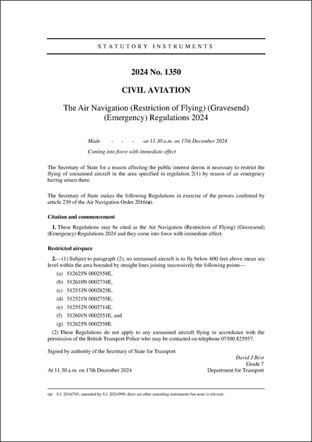 The Air Navigation (Restriction of Flying) (Gravesend) (Emergency) Regulations 2024