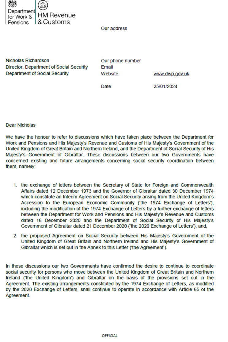 Letter from Department for Work and Pensions to HM Government of Gibraltar - page 1