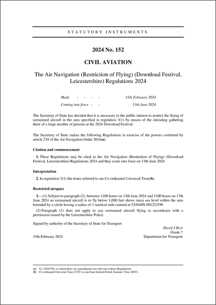 The Air Navigation (Restriction of Flying) (Download Festival, Leicestershire) Regulations 2024