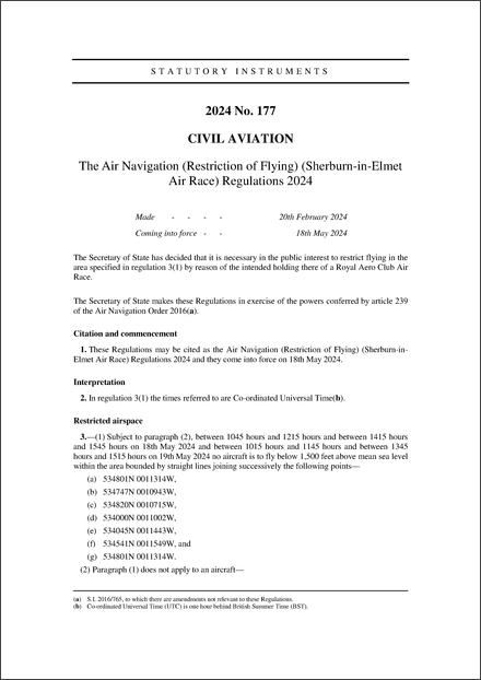 The Air Navigation (Restriction of Flying) (Sherburn-in-Elmet Air Race) Regulations 2024