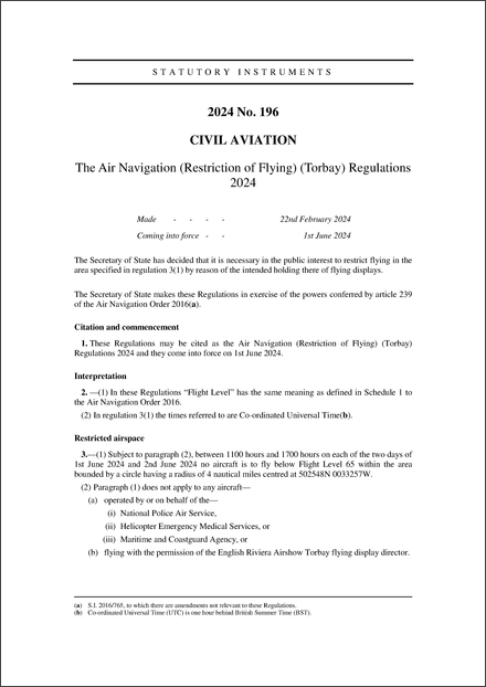 The Air Navigation (Restriction of Flying) (Torbay) Regulations 2024