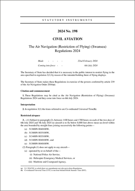 The Air Navigation (Restriction of Flying) (Swansea) Regulations 2024