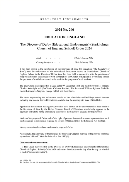 The Diocese of Derby (Educational Endowments) (Starkholmes Church of England School) Order 2024