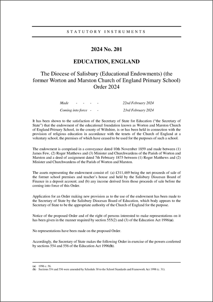 The Diocese of Salisbury (Educational Endowments) (the former Worton and Marston Church of England Primary School) Order 2024