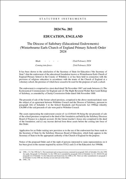 The Diocese of Salisbury (Educational Endowments) (Winterbourne Earls Church of England Primary School) Order 2024