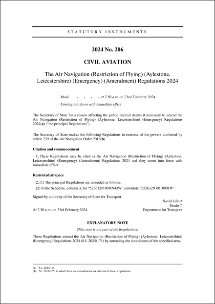 The Air Navigation (Restriction of Flying) (Aylestone, Leicestershire) (Emergency) (Amendment) Regulations 2024