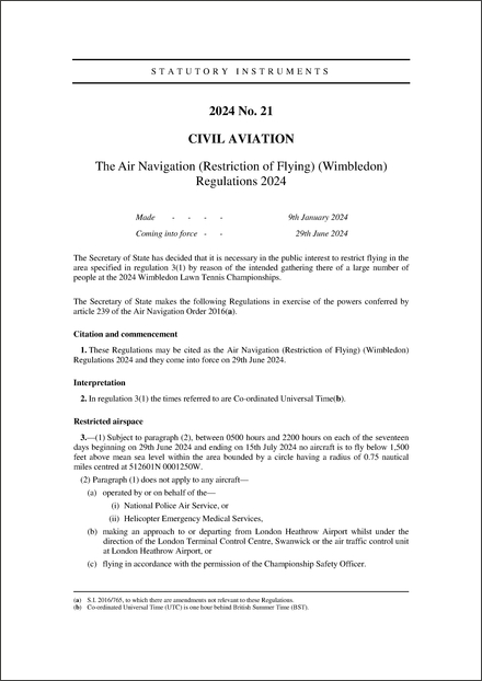 The Air Navigation (Restriction of Flying) (Wimbledon) Regulations 2024