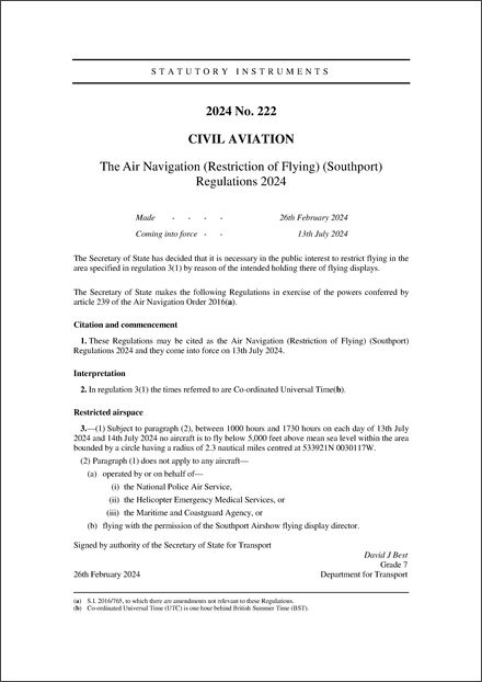 The Air Navigation (Restriction of Flying) (Southport) Regulations 2024