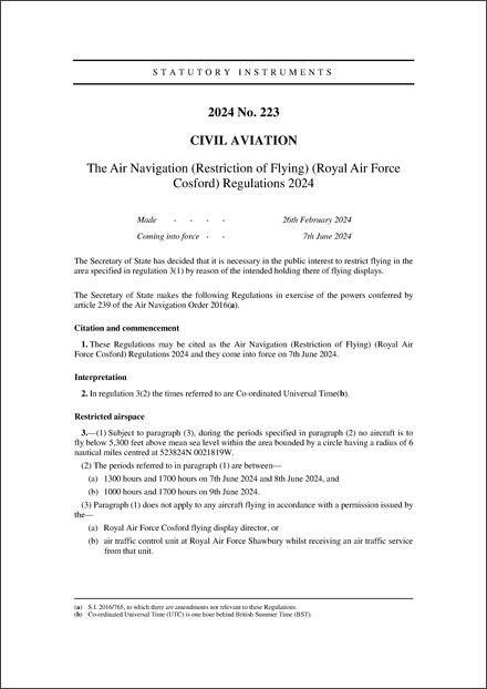 The Air Navigation (Restriction of Flying) (Royal Air Force Cosford) Regulations 2024