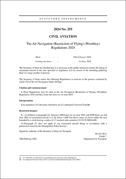 The Air Navigation (Restriction of Flying) (Wembley) Regulations 2024