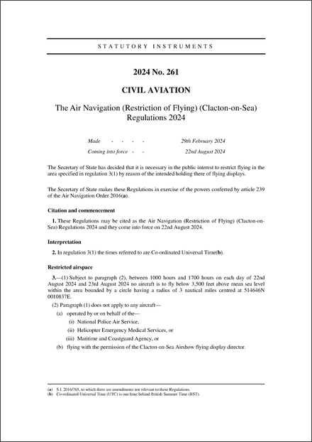 The Air Navigation (Restriction of Flying) (Clacton-on-Sea) Regulations 2024